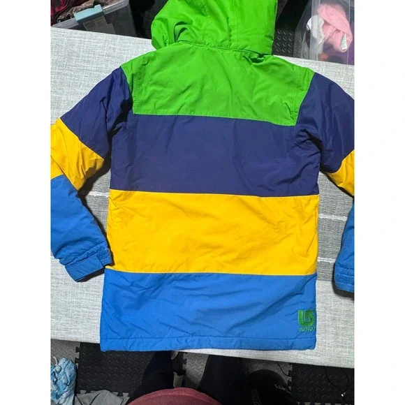 Kids Burton Snowboard Jacket Size L Colorblock Green Blue Yellow Navy Hooded ski - Picture 6 of 7